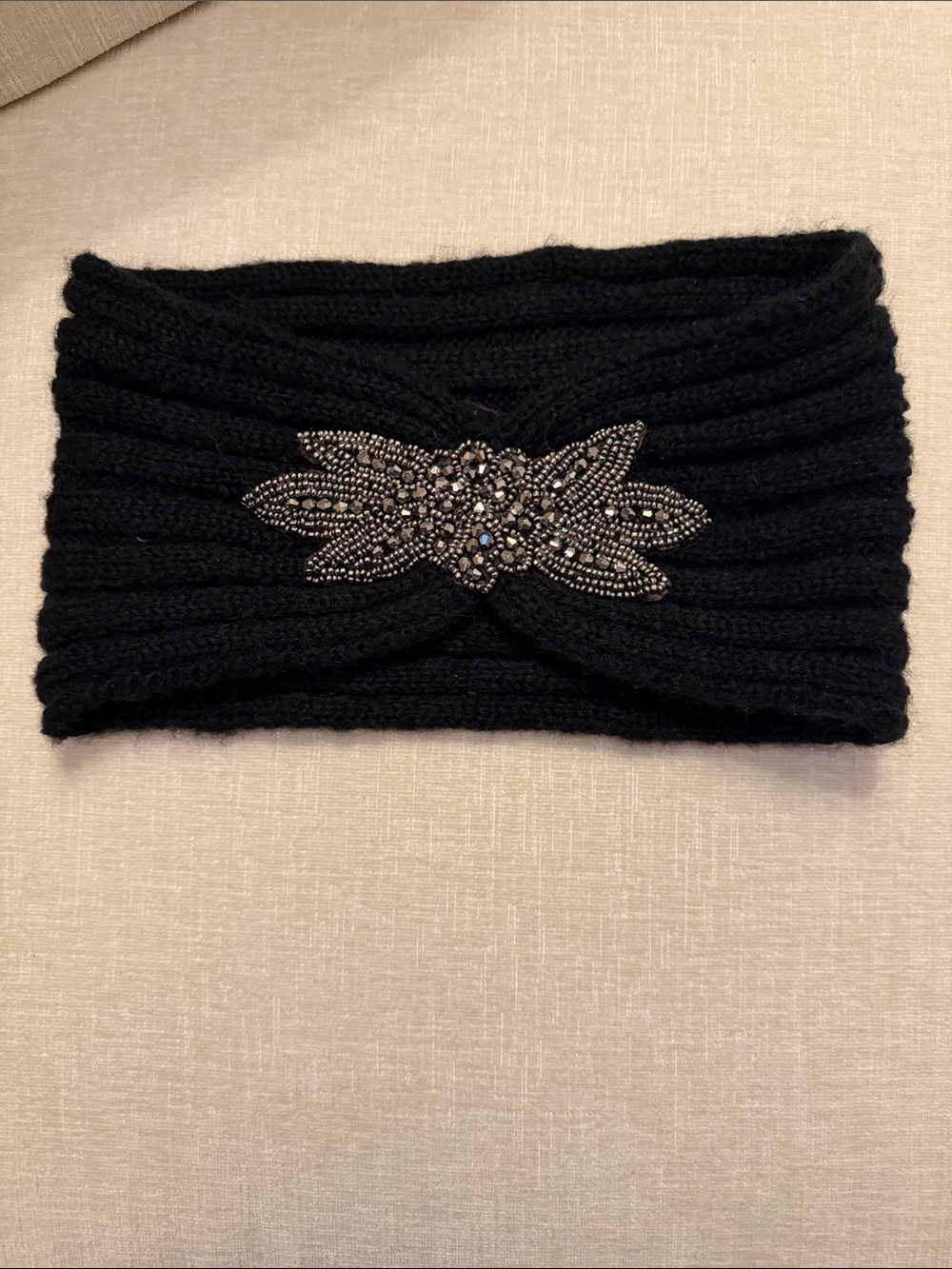Express Black Knit Headband with Beaded Floral Accent